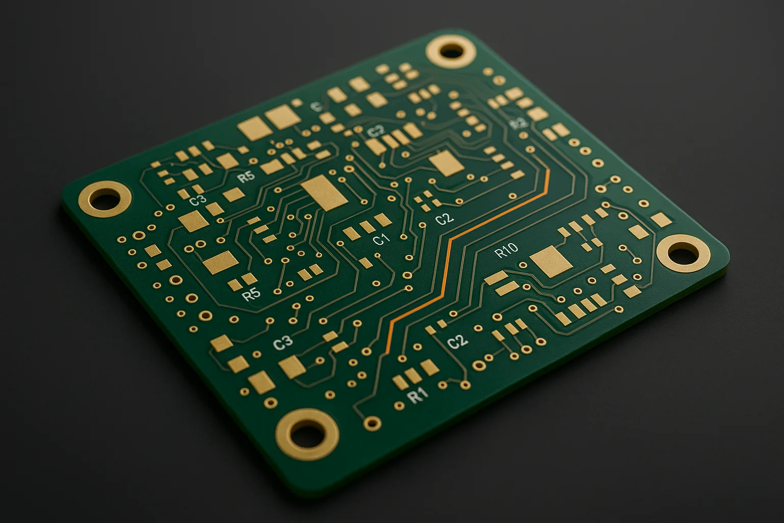 PCB física verde con pistas y pads dorados